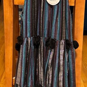 Tessora Chic Striped Dress in Black and Blue with Tassel Details